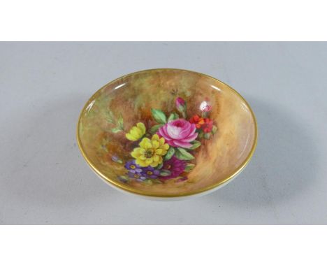 A Small Royal Worcester Circular Dish on Raised Base with Hand Painted floral Decoration, Signed E. Barker, 8cms Diameter 