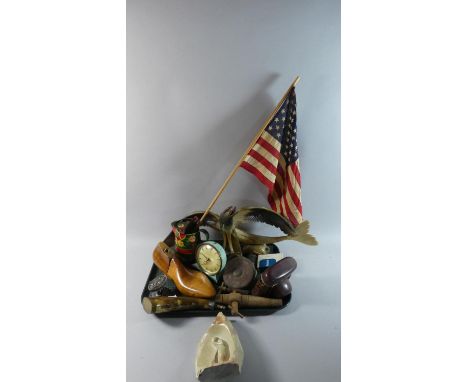 A Tray of Sundries to Include Horn Powder Flask, Leather Cased Camera, Horn Eagle, Vintage Alarm Clock, Bargeware Miniature J
