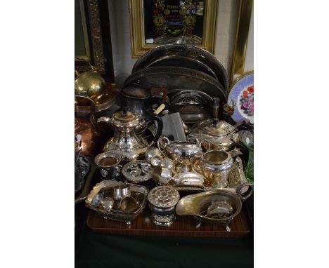 A Large Tray Containing Various Silver Plate Items to Include Tea Service, Hot Water Jug, Hip Flask, Boxes, Gallery Trays, Mi