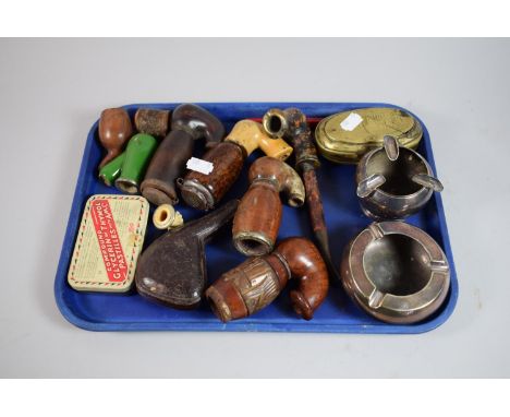 A Tray Containing Various Vintage Smoking Ephemera Including Pipe Bowls, Brass Tobacco Box, Ashtrays etc 