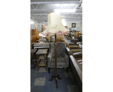 An Edwardian Turned Mahogany Standard Lamp on Tripod Support with Shade 