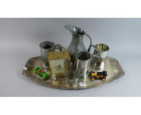 A Vintage Tray Containing Various Tankards, Jugs, Diecast Toys and Carriage Clock 