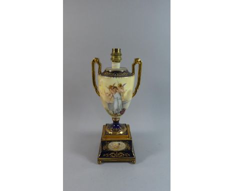 A Royal Vienna Two Handled Vase Shaped Table Lamp with Hand Painted Body Decorated with Maiden Attended by Two Cherubs and Th