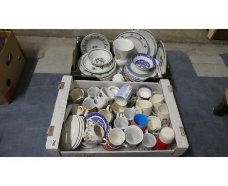 Two Boxes of Ceramics to Include Royal Worcester, Portmeirion, Anysley Cottage Garden, Commemorative and Coronation Mugs etc 