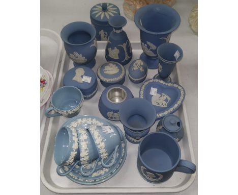 A selection of Wedgwood blue Jasperware:  vases; trinket boxes; etc.; Queensware teaware; etc. 