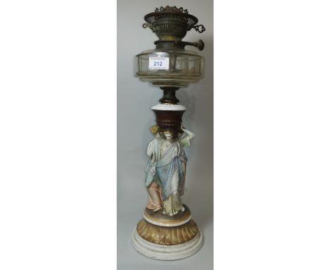 A 19th century bisque table lamp with 3 classical figures to the column (1 arm missing, some chips) 