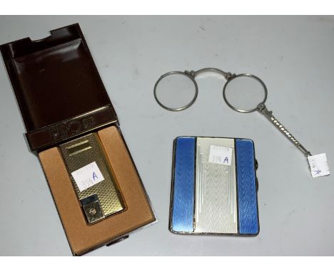 An Art Deo silver engine tuned cigarette case with blue &amp; white enamel decoration, by JG Ltd; a pair of diamante lorgnett