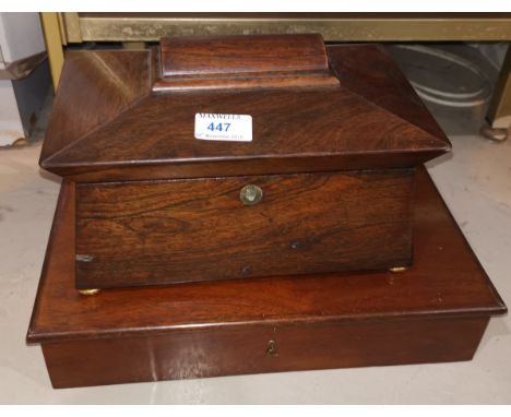 An early 19th century rosewood 2 division tea caddy; a 19th century mahogany workbox 