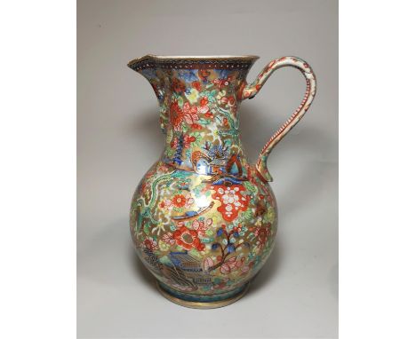 A Chinese Kangxi "clobbered" baluster jug decorated in gilt and polychrome, red seal mark to base, height 29 cm, (chip to rim