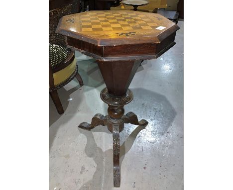 A Victorian trumpet shaped workbox in inlaid walnut with chessboard top, on tripod base 