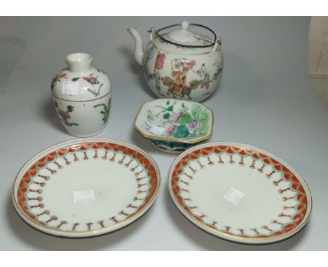 A Chinese porcelain teapot, red square seal mark, 15 cm; a Canton porcelain pedestal dish, 9 cm; an ovoid bowl with stem cup 