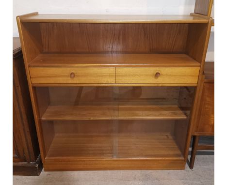 A teak cabinet / bookcase wth open shelf, 2 drawers and sliding glazed below