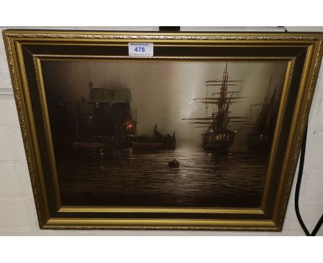 Hilton:  Night time seascape with 3 masted ships at anchor 
