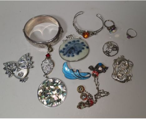 A Norwegian silver and blue enamel leaf brooch; a selection of silver and white metal jewellery 
