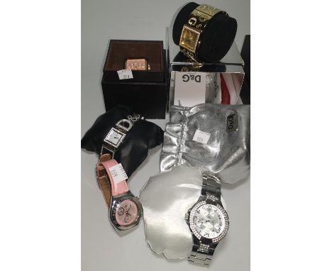 A gent's Michael Kors gold coloured watch with square pink dial, date complication and 3 others; a lady's Dolce &amp; Gabbana