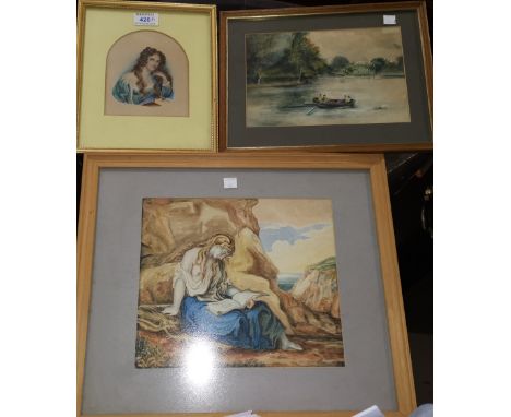 An early 19th century half length miniature watercolour:  portrait of a young woman reading; a similar watercolour:  girl rea