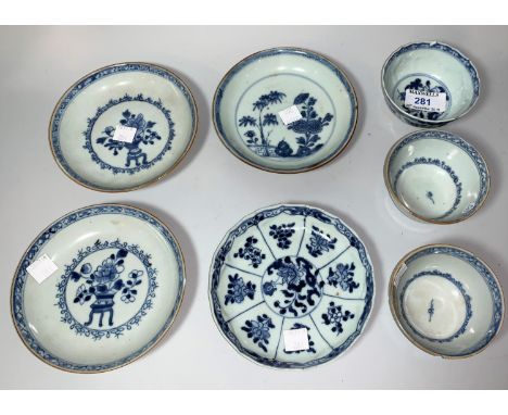 An 18th/19th century Chinese Nankin tea bowl in blue &amp; white (chip to rim); 2 similar tea bowls and saucers decorated wit
