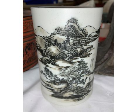 A Chinese white bisque porcelain brush pot, bitong, enamelled landscape decoration, 12 cm 