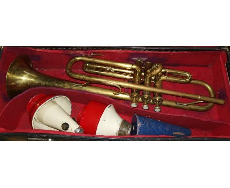 A B &amp; M Prefect brass trumpet with 3 mutes, cased 