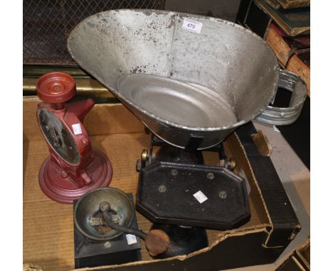 A 19th century coffee grinder; a cast iron potato scales; a kitchen scales; 3 brass bell weights; etc. 