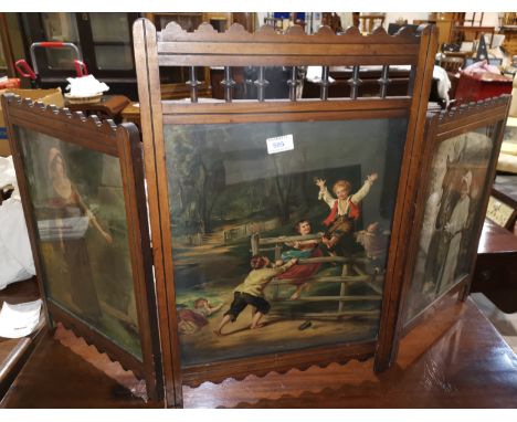A Victorian 3-fold firescreen with central bobbin turned gallery 