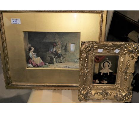 19th Century watercolour:  interior of a blacksmith's forge; a small 19th century half length portrait of a lady, oil, 5" x 4