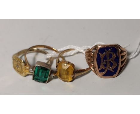 A yellow metal signet ring set monogrammed blue enamel, stamped '9 ct'; a 9 carat gem set ring, 6.1 gm; 2 other rings 