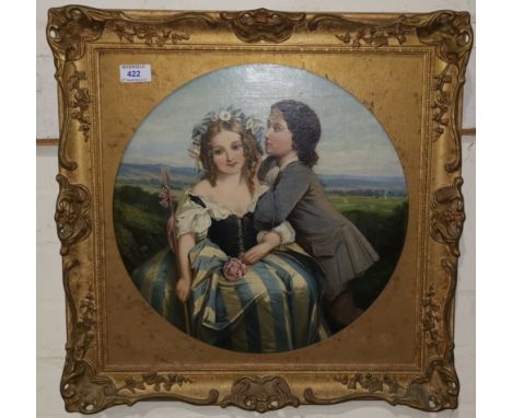 19th Century: three quarter length circular portrait of 2 young lovers, with landscaped background, oil on card, diameter 15"