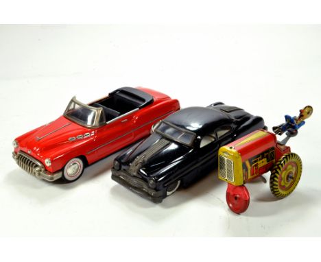 Tin Plate trio comprising Convertible, Saloon and Tractor from Minster, Mettoy etc F to G. (3)