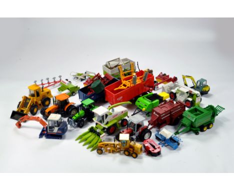 An interesting assortment of 1/32 farm diecast comprising tractor and implement items from various makers. Generally VG to E.