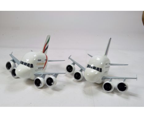Duo of large scale models of A380 Airliner Aircraft in livery of Emirates and Airfrance with outer boxes. 