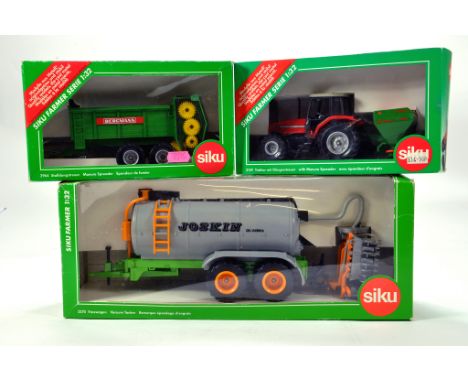 Siku 1/32 Farm issues comprising Joskin Tanker, Bergmann Manure Spreader and MF Tractor and Spreader Set. NM in Boxes. (3)