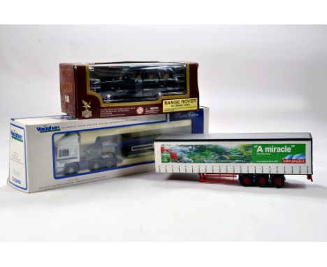 Corgi 1/50 diecast truck duo comprising ERF Flatbed (Vaughan), Eden Project Curtainside Trailer and 1/24 Range Rover. General