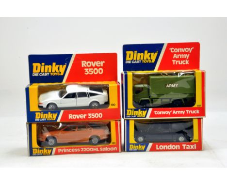 Dinky Diecast group comprising Rover 3500, Princess Saloon, Convoy Army Truck and London Taxi. E to NM in Boxes. 