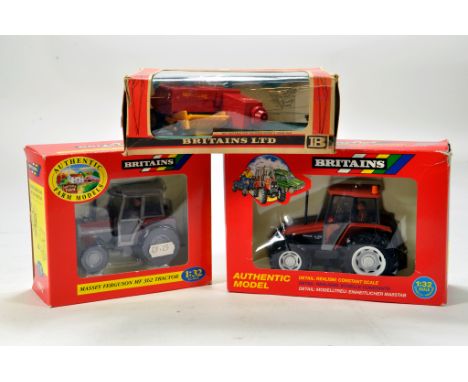 Britains 1/32 Farm Issues comprising Massey Ferguson 362 Tractor, New Holland L85 and New Holland Baler. Generally E to NM in