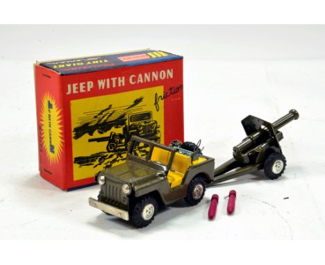 SSS Japanese issue Tin Plate Jeep and Gun Set with shells. Generally VG to E in E Box.