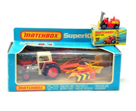 Matchbox Superkings No. K-87 Tractor and Rotary Rake Set. E to NM in Box, plus No. 15 Forklift. 