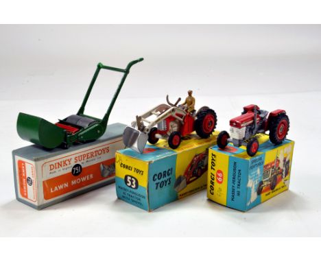 Corgi No. 53 Massey Ferguson 165 Tractor with Shovel plus No. 66 MF 165 Tractor and Dinky No. 751 Lawn Mower. Generally VG to