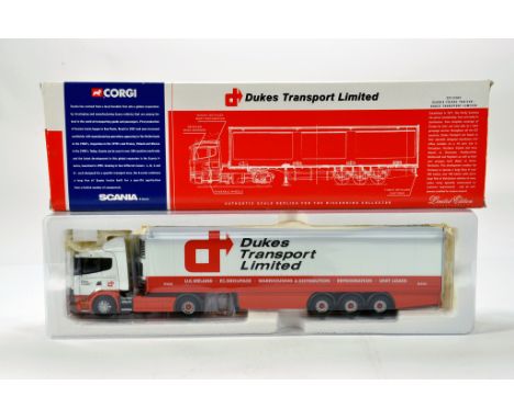 Corgi 1/50 diecast truck issue comprising No. CC12202 Scania Fridge Trailer in livery of Dukes Transport. E to NM in Box.