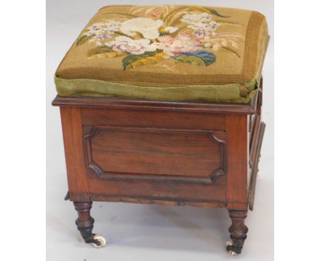 A 19thC mahogany box commode,  with overstuffed seat in petit point floral style woollen material, the hinged lid revealing a