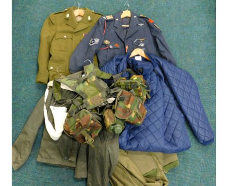 A miscellaneous uniform etc., to include an army jacket and trousers, a Continental military blue jacket with various badges 
