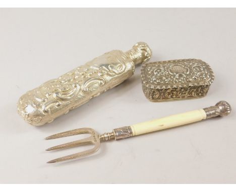 A George V silver toasting fork, with polished ivory handle and plated orb pommel, Sheffield 1911, 17cm high, a Continental s