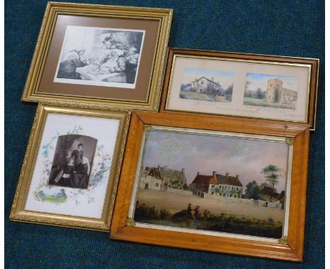 A 19thC School. Village scene with figures, cottages and a stream, oil on canvas, 24cm x 33cm, two watercolours in common fra