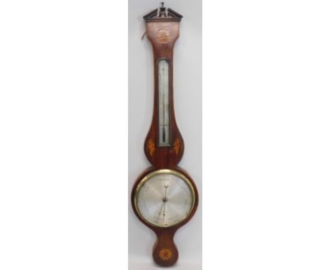 A 19thC mahogany and boxwood strung banjo barometer, with shell and floral inlay, the silvered 20cm dia. dial signed R.D Fore