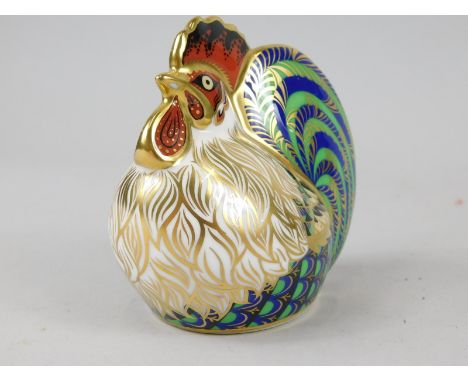 A Royal Crown Derby porcelain farmyard cockerel paperweight, gold button 