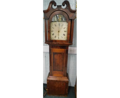 A 19thC oak and mahogany longcase clock, the 32cm wide painted dial with Roman numerals, above a plain trunk door flanked by 