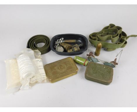 Various war related items, Christmas 1914 brass tin, 14cm wide, cased field style binoculars, belts, i-projector spectacles e