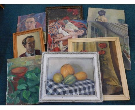 20thC School. Portrait of a young man, oil on canvas and eight other similar works