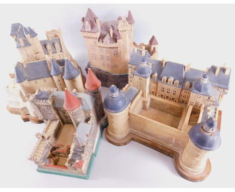 Various large scale French stoneware style stone castle models, on wooden plinths, 83cm wide, etc (4)