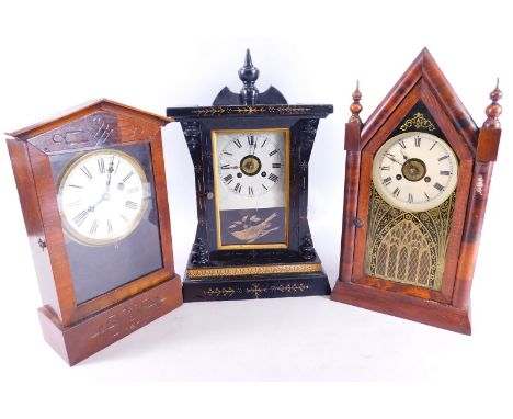 Various mantel clocks, comprising a Victorian ebonised example with later 10cm diameter Roman numeric dial, another walnut st